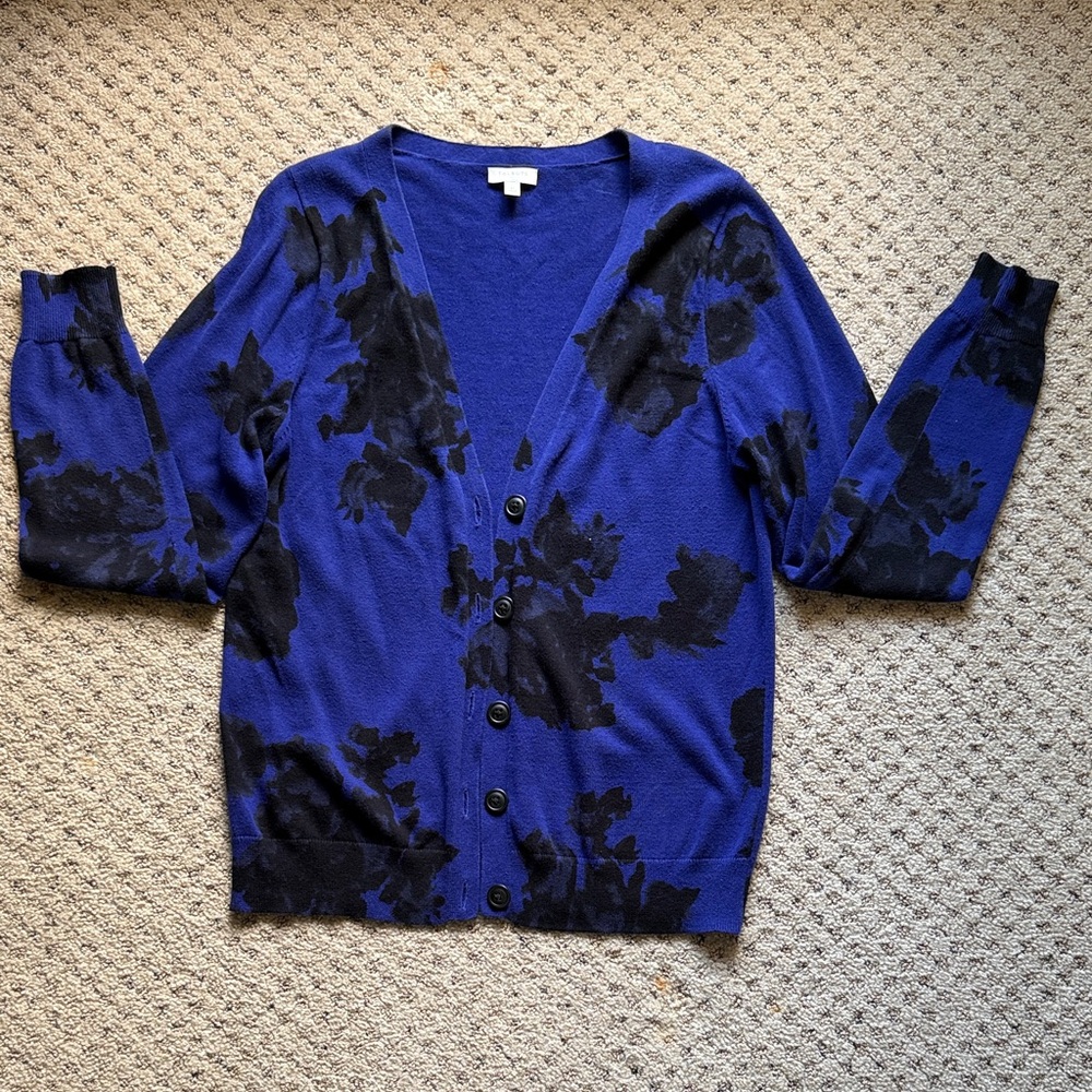 Talbots Blue and Black Floral Cardigan Size M